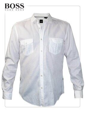 Hugo Boss Men's White Button Down Waffle Fabric with Epaulettes (size Large)